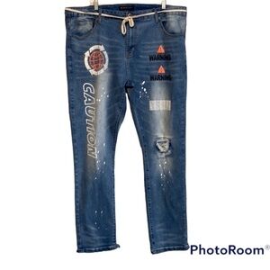 M society Mens Graphic Slim Jeans With Drawstring Waist Cord | 42x32